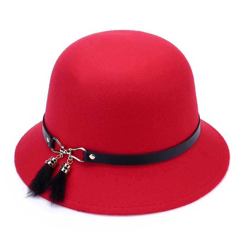 [FEILEDIS] Новая Женская шерстяная фетровая шляпа с широкими полями, элегантная дамская шляпа для джентльменов, зима-осень, с поясом, джазовые шапки, GLD-117 - Цвет: red