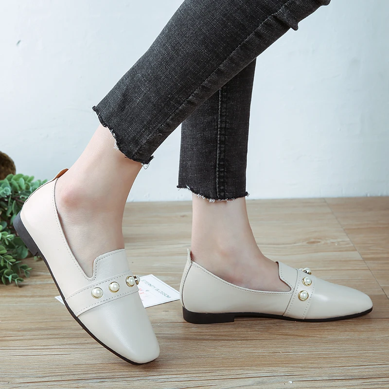 Slip Dames On Mocassins noir Beige H7040 Appartements Femme Toe Mujer Bateau 2019 Zapatos Perle Femmes Noir Square Confortable Printemps Chaussures Xx67w7Iqf