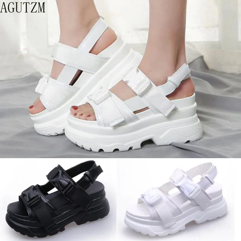 

Women Buckle Leather Canvas Summer Women Sandals 8cm Platform Wedge High Heels Shoes Zapatos Mujer Slippers Woman Sandal M367