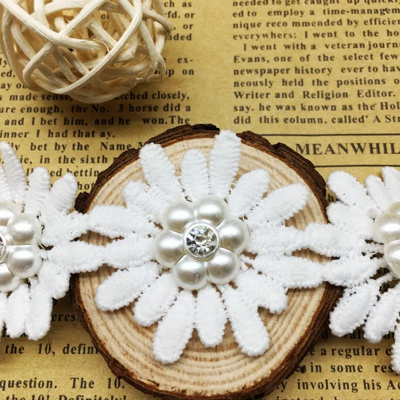 1 ярд Diamond Flower отделка с жемчужинами лента из ткани вышитые Аппликация шитье