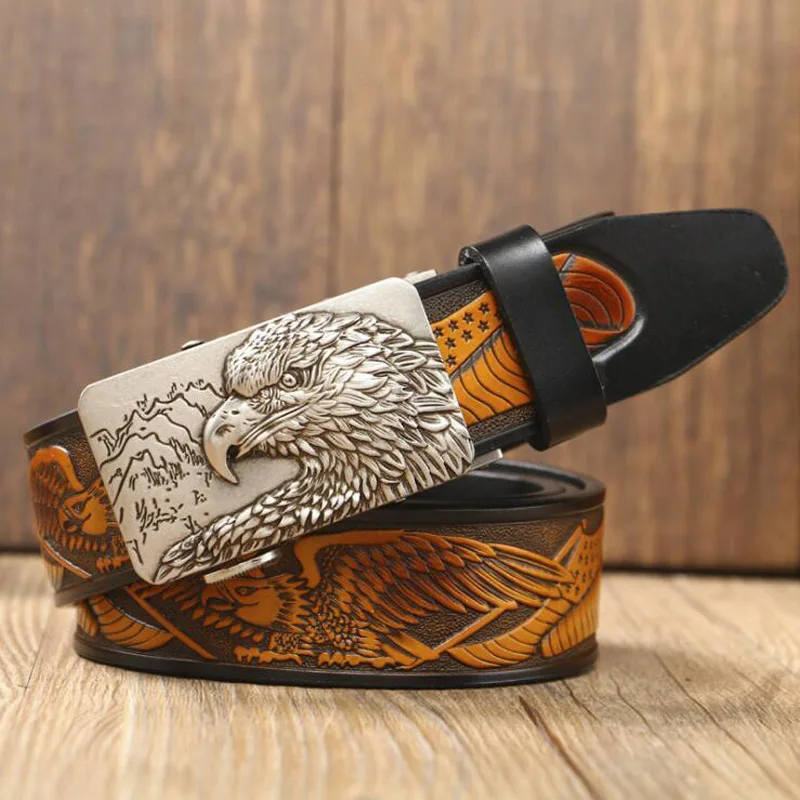 

Automatic Buckle Men Genuine Leather Belts Luxury Eagle Head Belts Punk Style Hawk Jeans Strap Quality Assuarance XKS089