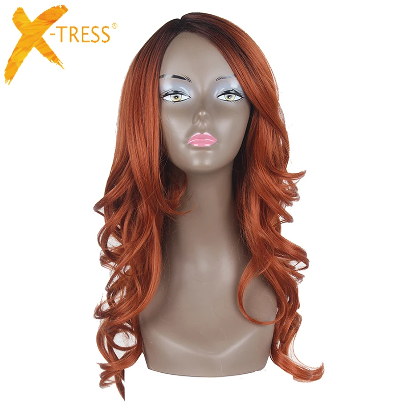 

Loose Wave Synthetic Wigs With Bangs Side Part X-TRESS Ombre Auburn Pink Blonde Color Hairpiece Heat Resistant Fiber Hair Wig