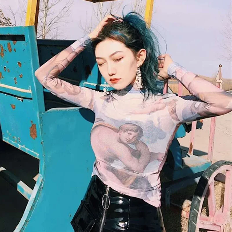 

Sexy Painting Print Mesh Women T-shirt Casual Slim Elastic Long Sleeve Female T Shirt Spring Summer Fashion Vintage Lady Tee Top