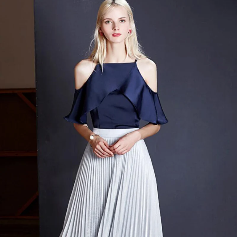 

2017 Summer Women Blouse Shirt Casual Blue Striped Shirt Shoulder Off Ruffles Female Tops Sexy Half Sleeve Bodycon Short Blouse