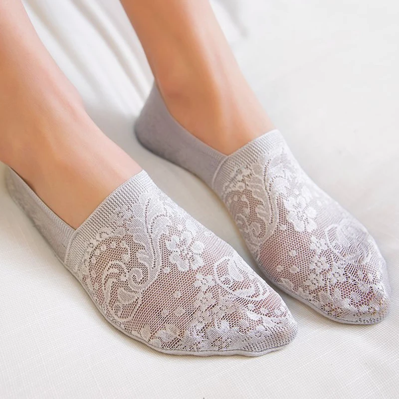 

Spring Summer Style Woman Girls Lace Flower Short Boat Sock Antiskid Low Invisible Ankle Transparent Hollow Out Socks Slippers