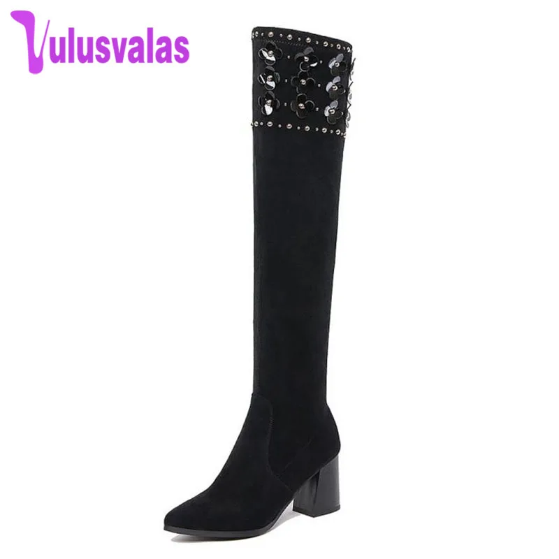 

Vulusvalas Size 33-41 Shoes Women Real Leather High Heel Over Knee Winter Boots For Women Flower Pointed Toe Warm Long Botas