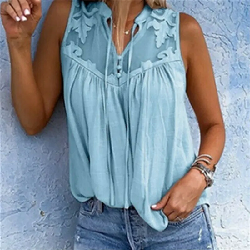 

Trendy Women clothes Summer Beach Casual Sleeveless Polyester Tops V-neck lace pullover T-shirts one pieces