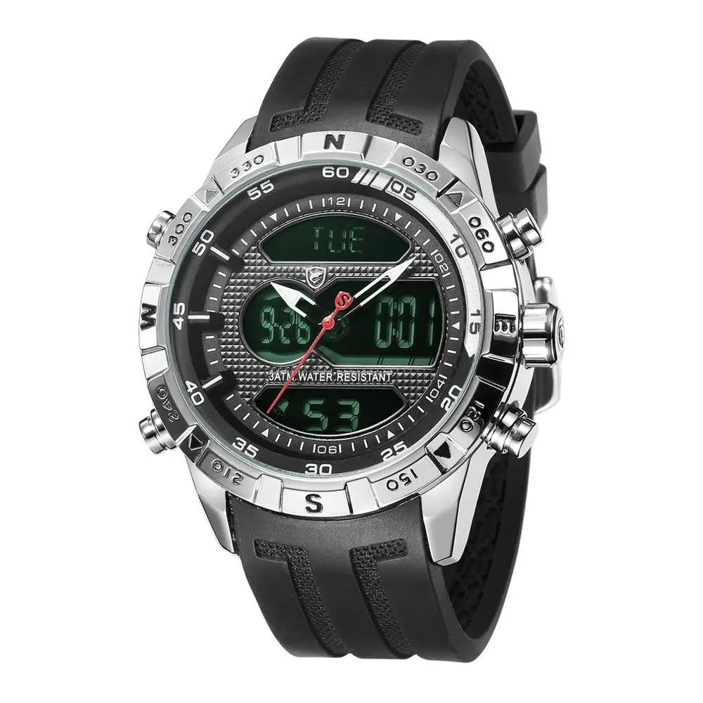 Skup Hooktooth SHARK Sport Watch dla mężczyzn podwójny ruch Chronograph Alarm LCD męski zegar 3ATM wodoodporny czarny stoper SH596