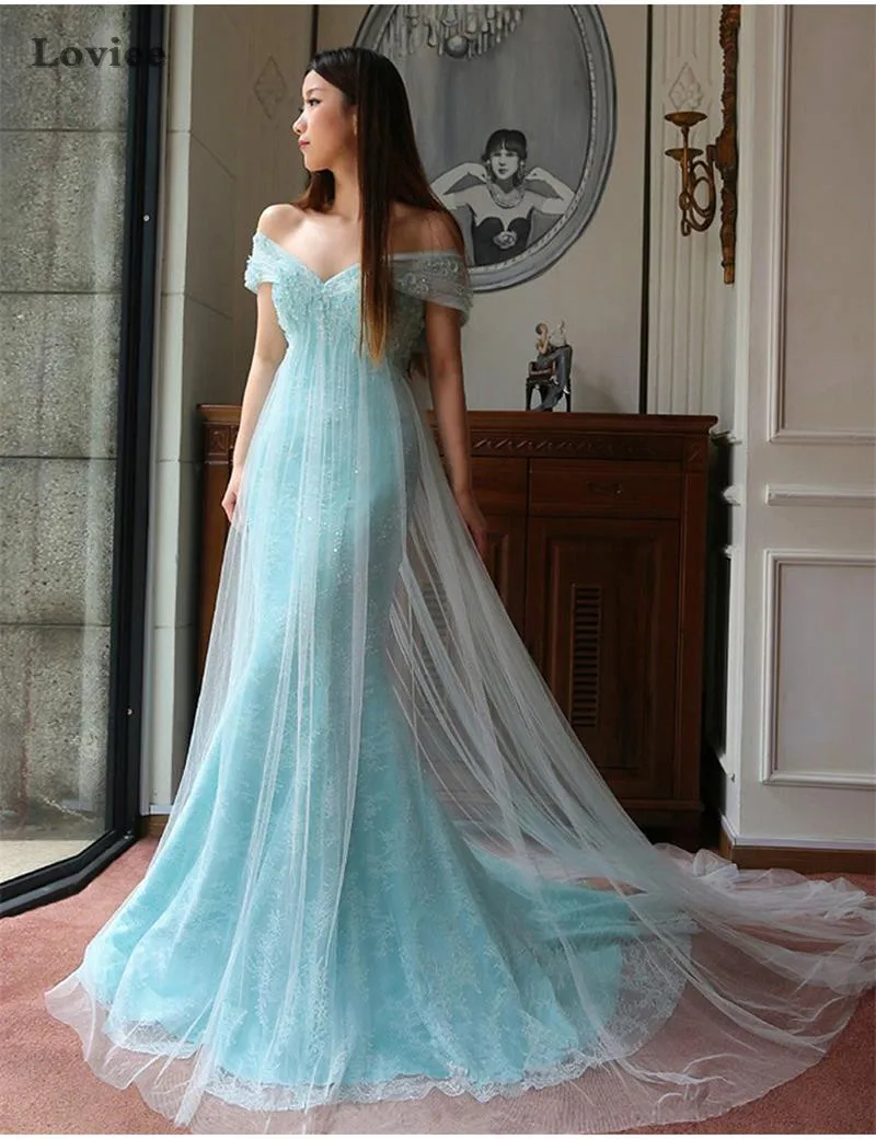 190 Charming Off Shoulder Formal Prom Gown Pretty Beaded Turquoise Lace Mermaid Evening Dress 2017 Robe De Soiree Customized