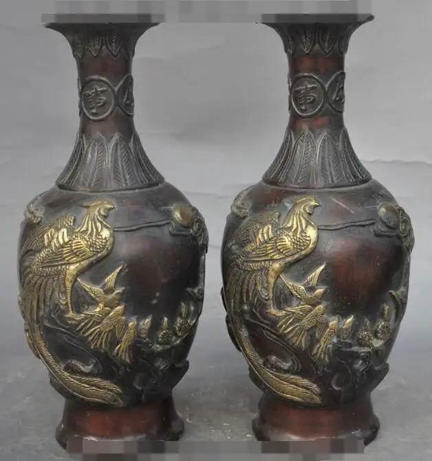 

S03903 10"Chinese Bronze Gilt Mandarin duck Crane phoenix bird statue Bottle Vase Pair