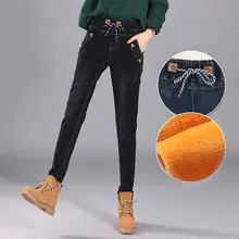 Зима плюс бархат эластичный пояс джинсы для женщин в стиле бойфренд на шнуровке Теплые повседневные шаровары женские длинные голубые джинсы Femme C4952