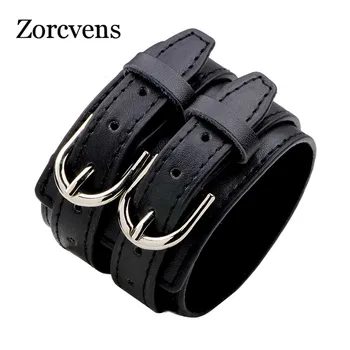 ZORCVENS Fashion Double Belt Leather Wrist Friendship Big Wide Bracelet for Men Buckle Vintage Punk Jewelry