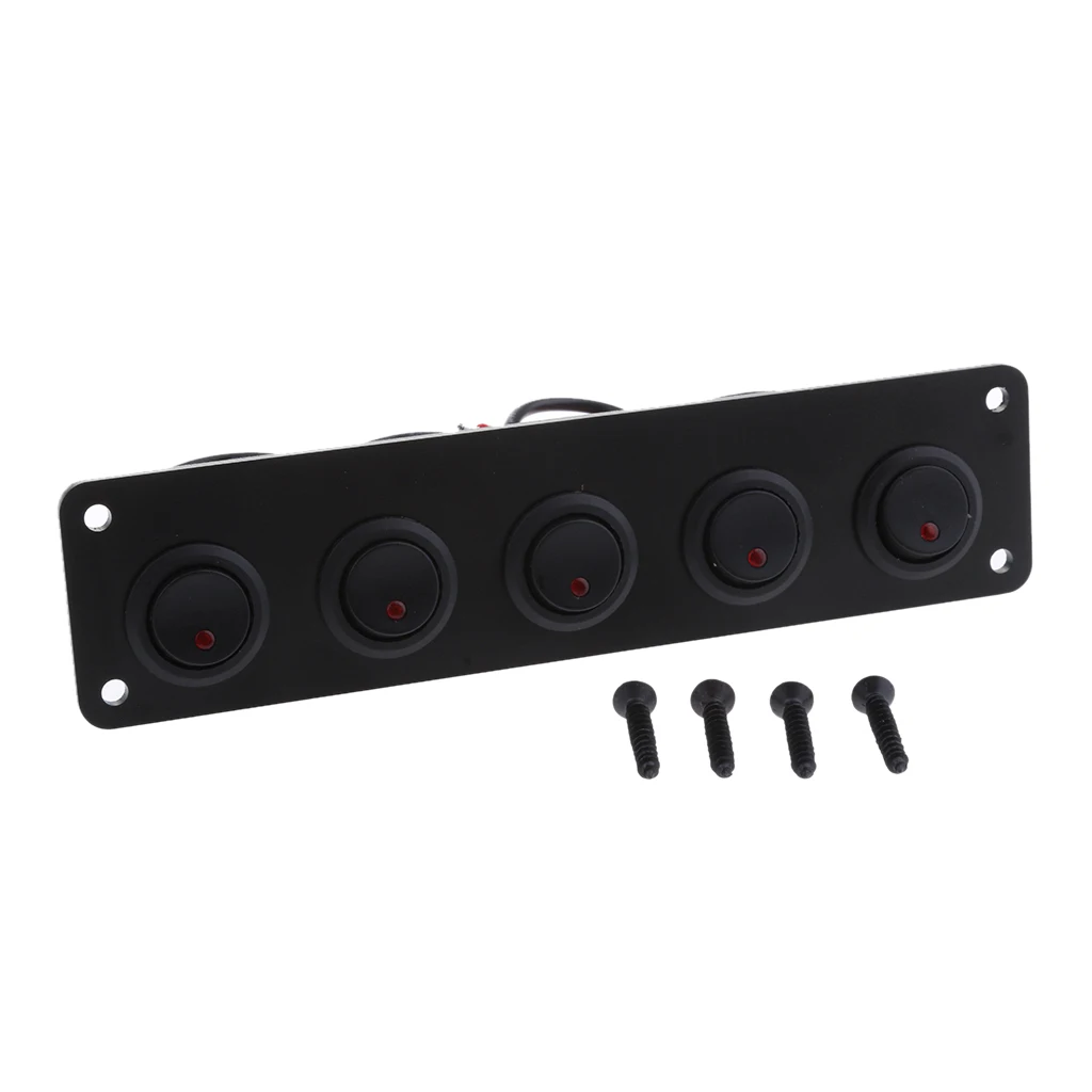 5-Gang Round ON/OFF Rocker Toggle Switch Panel LED Light 12V Aluminum Panel ABS Material Durable Waterproof
