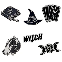 Witch Enamel Pin Black Magic book Wizard hat Tarot Crystal ball Triple moon Lapel Brooch Denim Jackets Jeans Pin Punk Badge triple moon