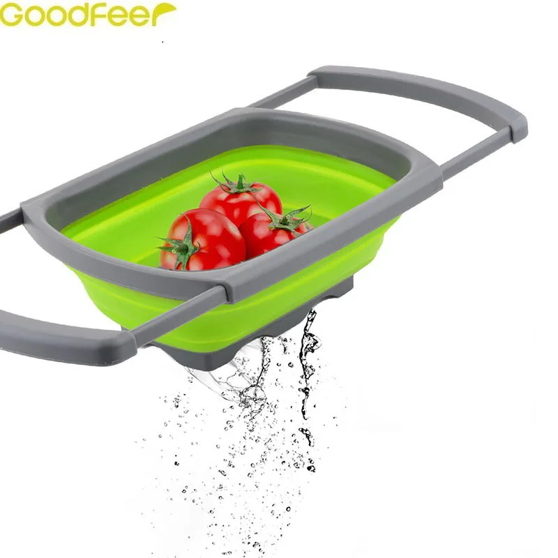Goodfeer Practical Collapsible Silicone Colander with Adjustable Handle