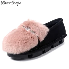 BuonoScarpe Для женщин Повседневное меховой Лодка обувь Теплые Плюшевые Пушистые плоской подошве круглый носок со стразами Bling девушки Повседневная комфортная обувь на плоской подошве