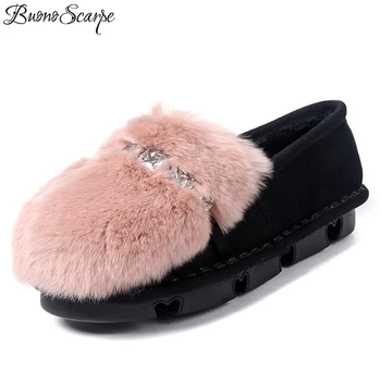 

BuonoScarpe Women Casual Fur Boat Shoes Warm Plush Fluffy Flat Shoes Round Toe Rhinstone Bling Girls Casual Flats Comfort Shoes