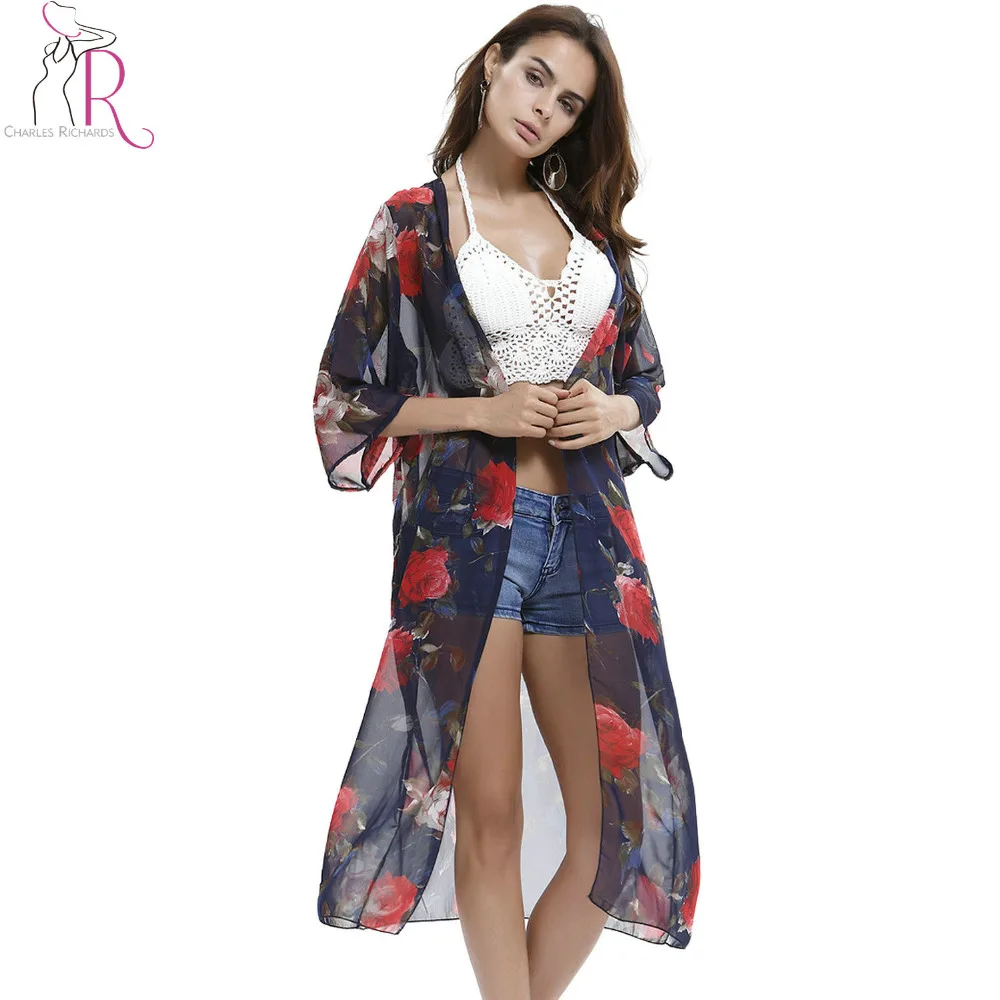 2 Colors Floral Print Open Front Casual Chiffon Kimono Summer Three