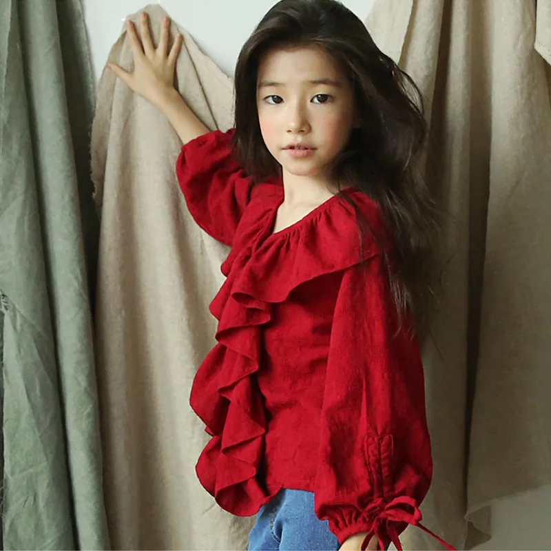Рубашки для девочек детская зимняя одежда г. Весенние новые красные блузки с длинными рукавами хлопковые рубашки футболки с v-образным вырезом для девочек, детская одежда, топы