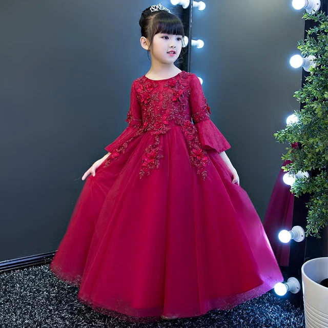 Children's Princess Dress Rose Bow Solid Color Christmas Wedding Flower  Girl Piano Performance Dress Long Shaggy Skirt