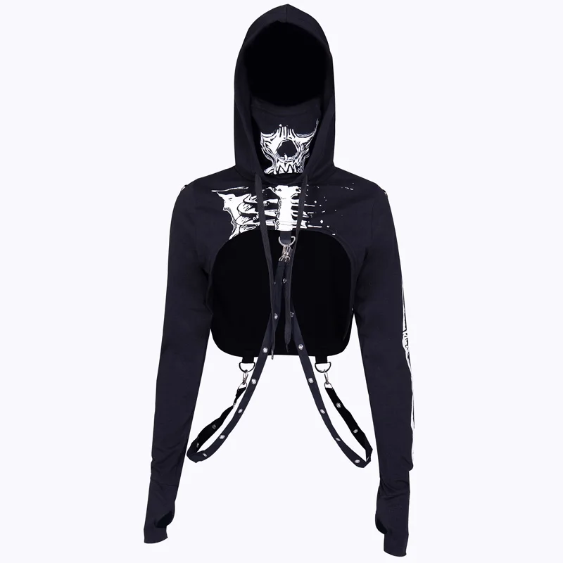 InstaHot Gothic Punk Hooded Hoodies Women Black Skeleton Print Mask Long Sleeve Crop Tops 2019 Fash