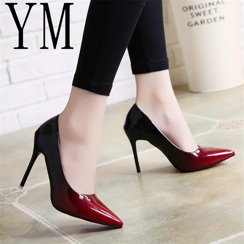 2018 Shadow Women Shoes Pointed Toe Pumps Patent Leather Dress Wine Red 10CM High Heels Boat Shoes Wedding Shoes Zapatos Mujer