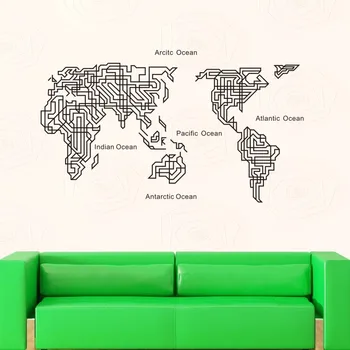 

Maze World Map Wall Stickers Large New Design Coffee Shop Pattern Map Wall Decal Vinyl Poster Sticker World Map Decals