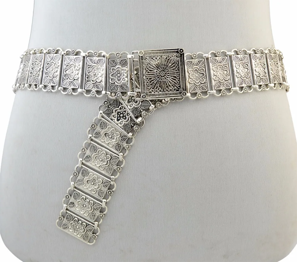 

Gypsy Vintage Geometric Silver Metal Carving Flower Wide Hippie Boho Belly Statement Belt Body Chain Waist Tribal Body Jewelry
