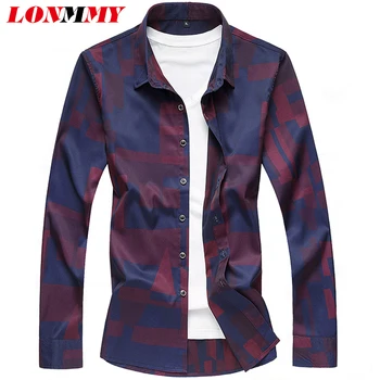 

LONMMY Fashion flower shirt men Slim fit camisa social Casual mens dress shirts Red Blue mens clothing hip hop 2018 Spring