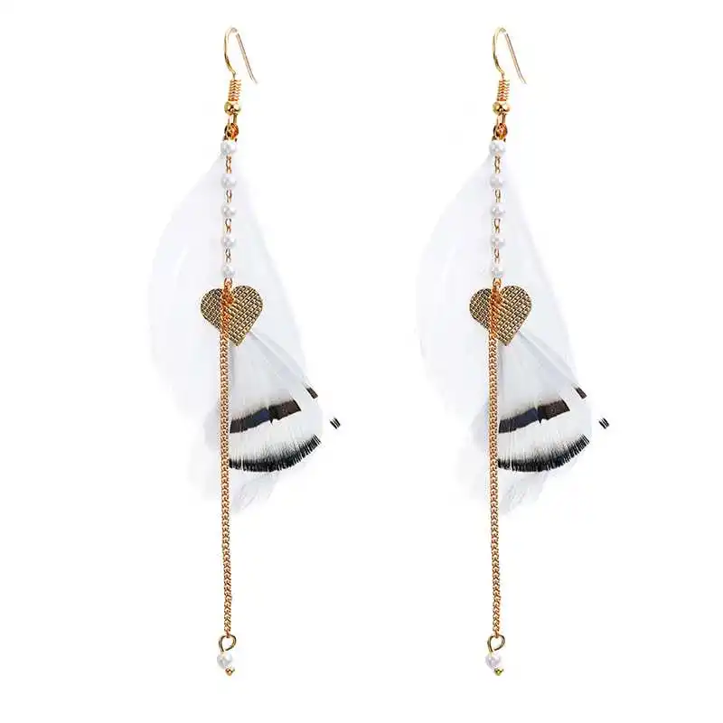 New Boho Dangle Earrings Long Feather and Metal Chain Tassel Heart Drop Earring Fashion Jewelry For Women Engagement Party Gift | Украшения