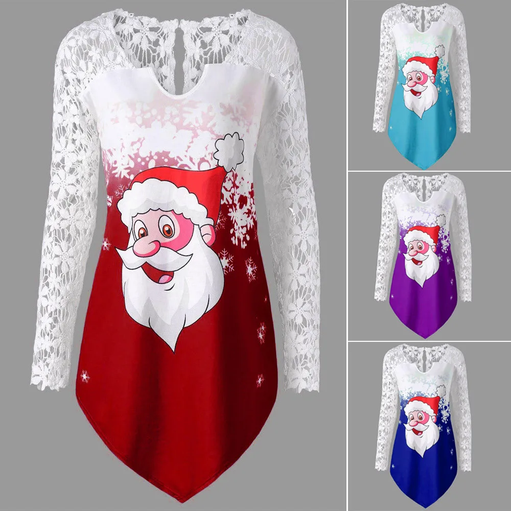 Модная Рождественская женская футболка с v-образным вырезом, Рождественская кружевная панель, принт Санта Клауса, рубашки с длинным рукавом camisa
