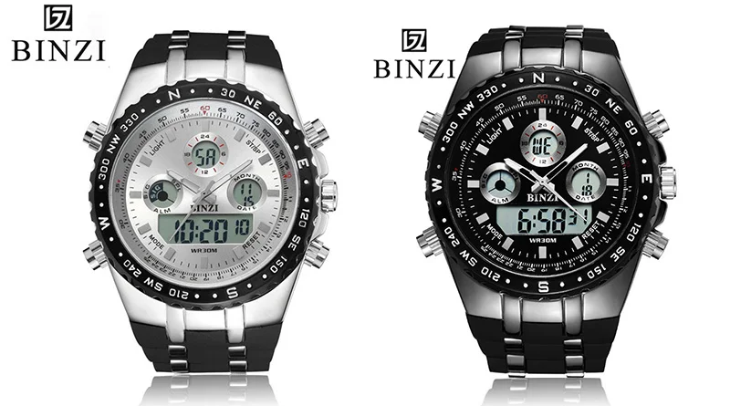 BINZI цифровые спортивные светодиодные часы для мужчин с водонепроницаемым корпусом до 30м и аналоговым циферблатом прекрасно дополнят ваш повседневный образ
