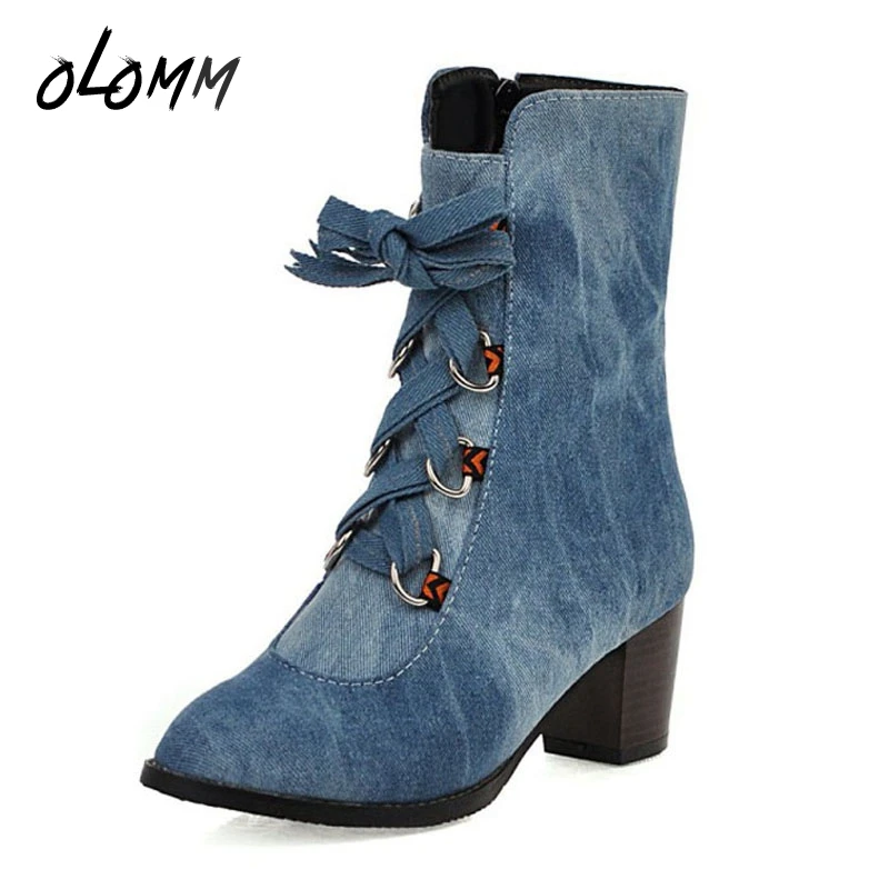 Spring Autumn Women Ankle Short Boots Plus Size Shoes Solid Denim Fleeces High Heels Round Toe Fashion Casual Zipper Lace-up | Обувь