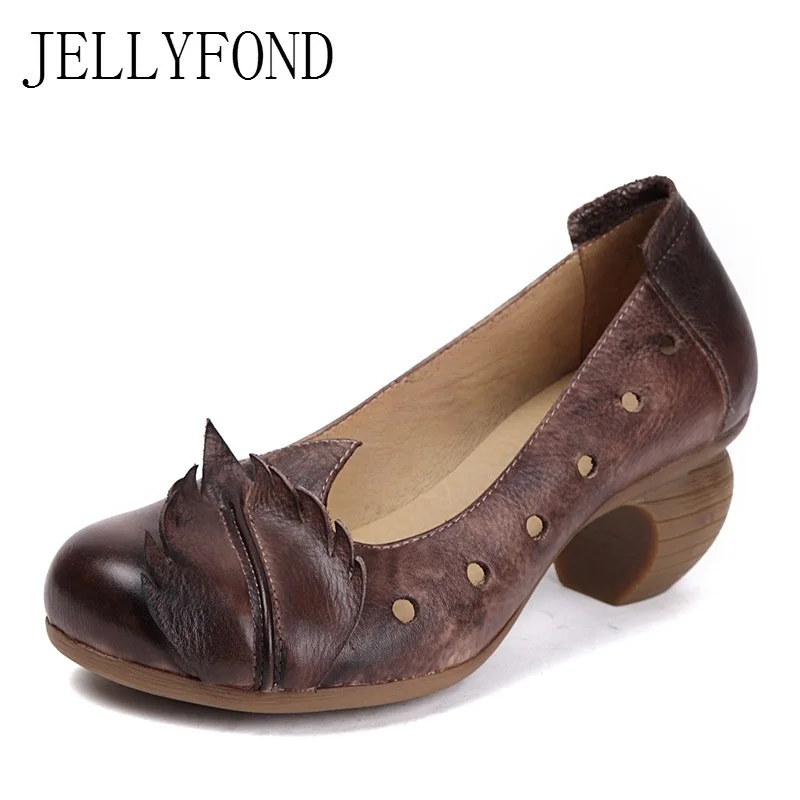 

Handmade Shoes Woman Cow Leather Cuts Out Platform Pumps 2018 Designer Round Toe Slip On Retro High Heels Shoes Woman