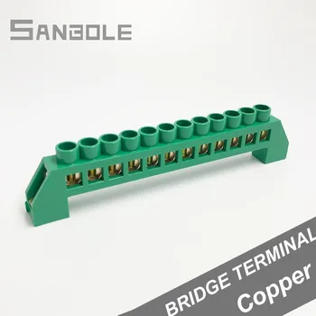 

12 Positions Hole Green Shell High Bridge Type Grounding Strip Connection Terminal Block Row Copper 6*9 Connector Earth (5PCS)