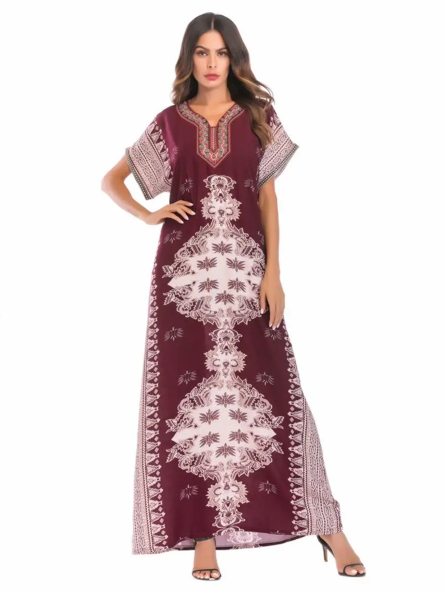 

Muslim Women Flower Print Long Maxi Vintage Arab Dress Summer Boho Beach Abaya
