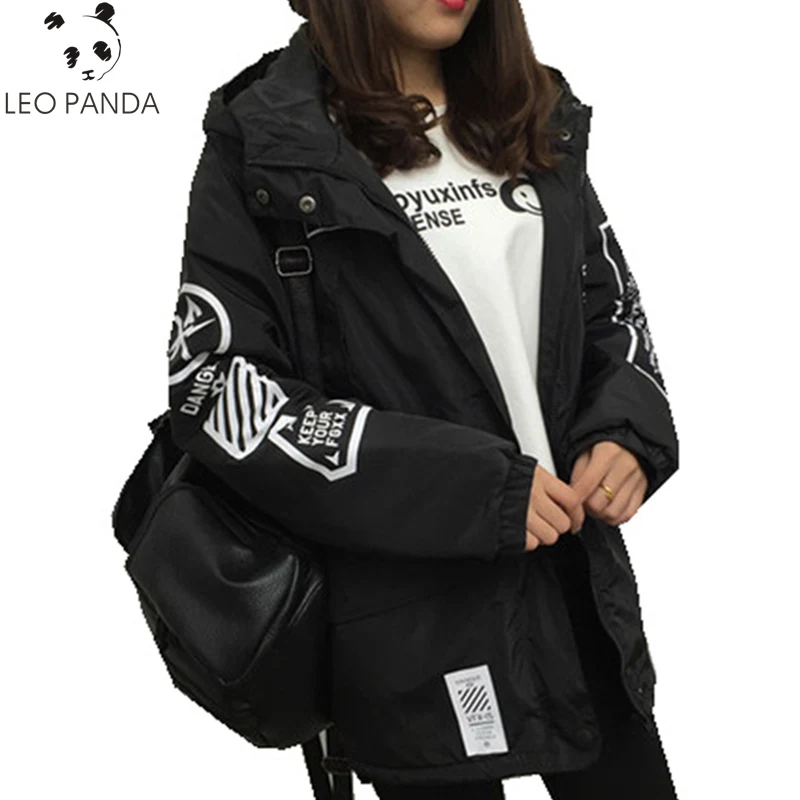 

Spring Autumn Women Long Sleeve Hooded Zipper Letter Prints Outerwear Loose Harajuku Coats Female Comfortable Outerwear ZX602
