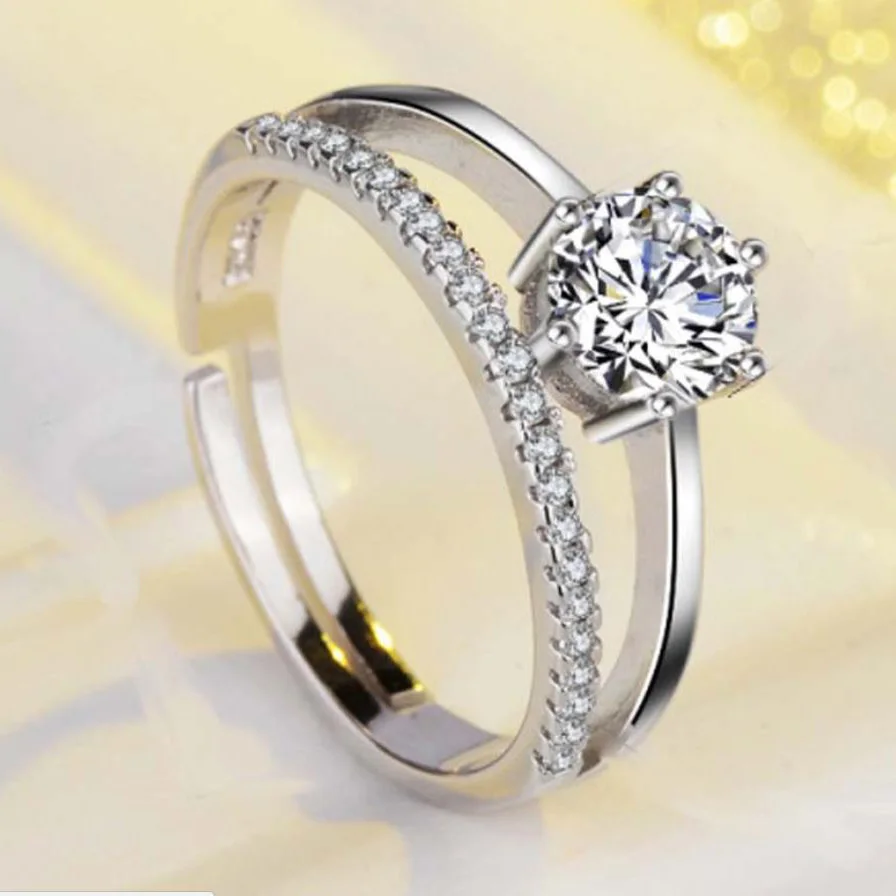 Classic 925 Sterling Silver Open Ring Luxury 6MM Zircon Love Wedding