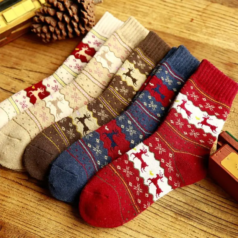 1 пара зимних Для женщин носки теплая шерсть рождественские шерстяные Снежинка