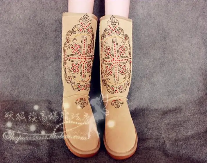 

2015 autumn and winter new European station hot top layer cowhide full diamond totem exclusive design high snow boots