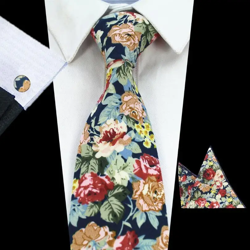 RBOCOTT дизайн 8 см хлопок галстук Набор Цветочный платок-галстук и запонки Бизнес Свадебная вечеринка печать шеи галстуки для мужчин - Цвет: 28