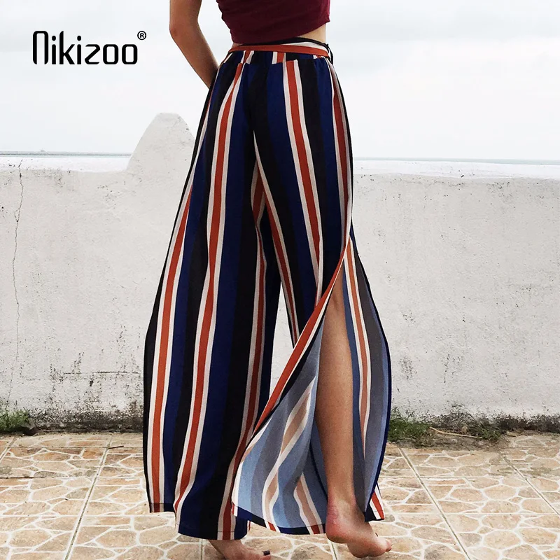 Nikizoo Boho Women Split High Waist Wide Leg Pants Casual