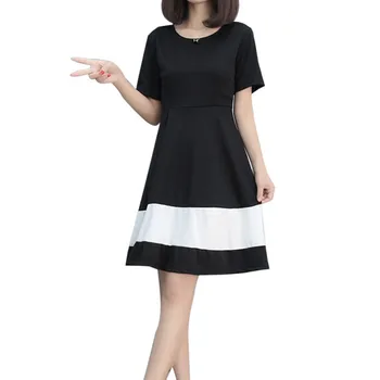 

Women Short Sleeve O-neck Dress Patchwork Ladies A-Line Knee-Length Vestidos