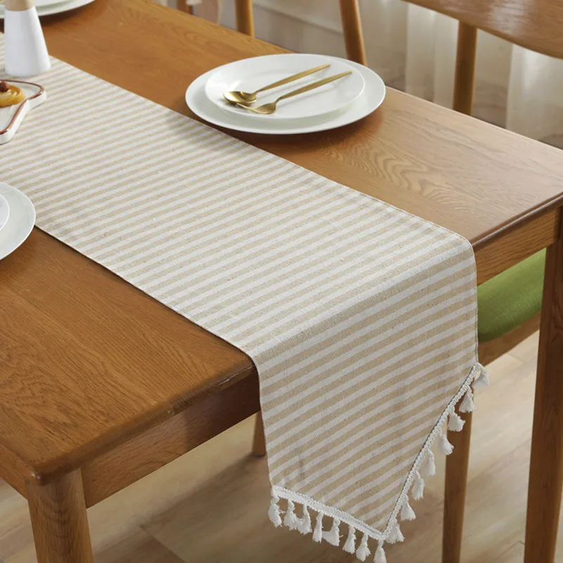 

Custom size Modern stripe Table Runner For Wedding Party Cotton and linen lace Tablecloth christmas decorations for home table