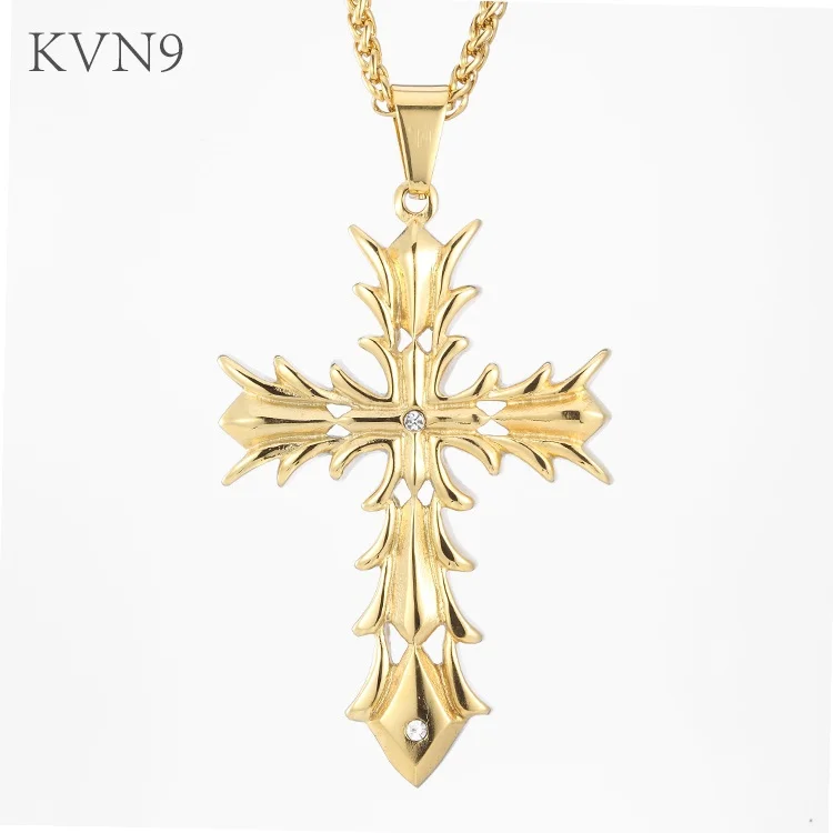 KVN9 Trendy Cross Fashion Design Pendant Necklace Gold color Jewelry Stainless Steel Rhinestone
