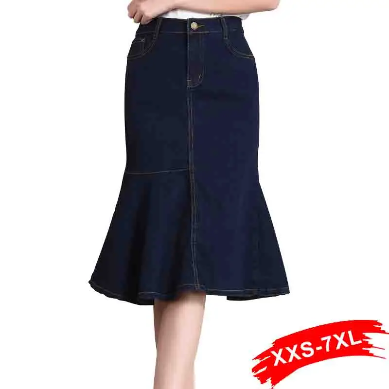 

Plus Size Women Dark Blue Denim Skirts 7XL Sexy Package Hip Trumpet Skirts High Waist Short Skirt Irregular Hem Summer Mom Jeans