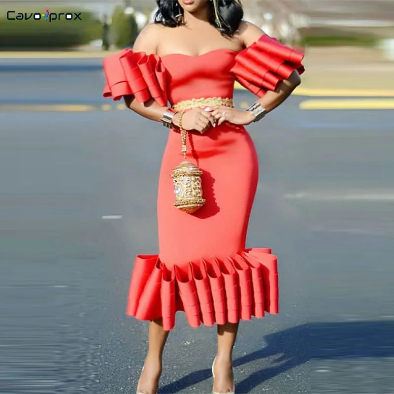 

Women Ruffle Cascading Bodycon Party Dress Sexy Off Shoulder Mermaid African Plus Size Elegant Mid-calf Sheath Dresses