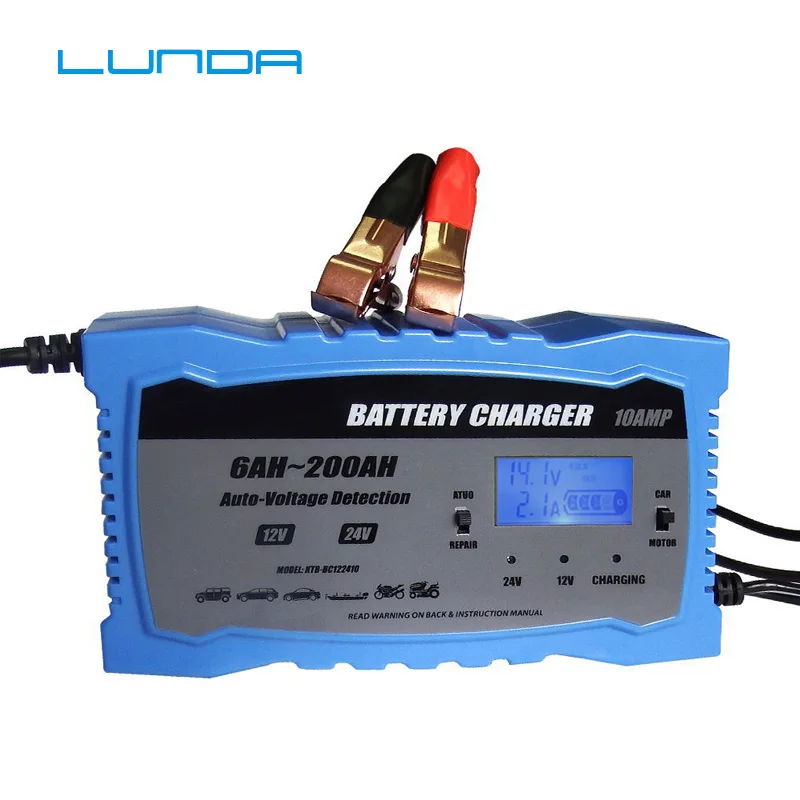 

12V 24V Smart Car Motorcycle Battery Charger 10AMP Full Automatic Lead-Acid AGM GEL Dry Batteries Power Charging Tool 12 24 Volt