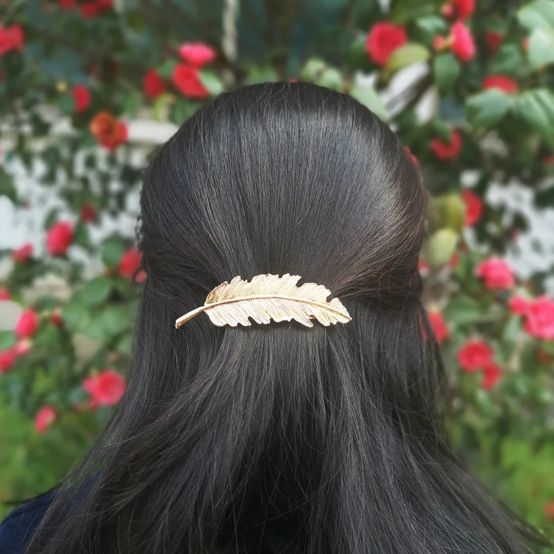 Винтажная заколка для волос в виде металлического листа для девочек и женщин золотистого цвета шпилька с пером заколка аксессуары для свадебной укладки волос