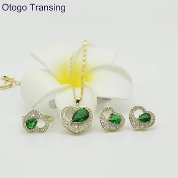 

Otogo Transing 925 Sterling Gold Color Green Crystal AAA Heart Ring Pendant Necklace Earrings Jewelry Sets For Women made S210